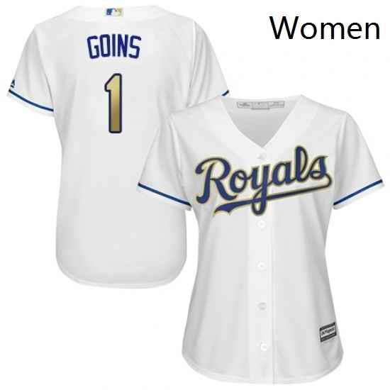 Womens Majestic Kansas City Royals 1 Ryan Goins Replica White Home Cool Base MLB Jersey